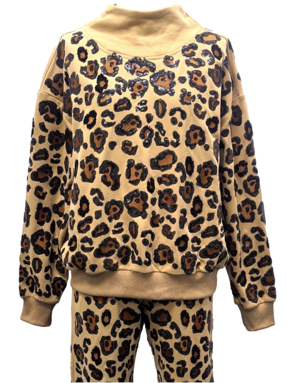 QUEEN OF SPARKLES Leopard Print Cowl Sweater - Tan & Black